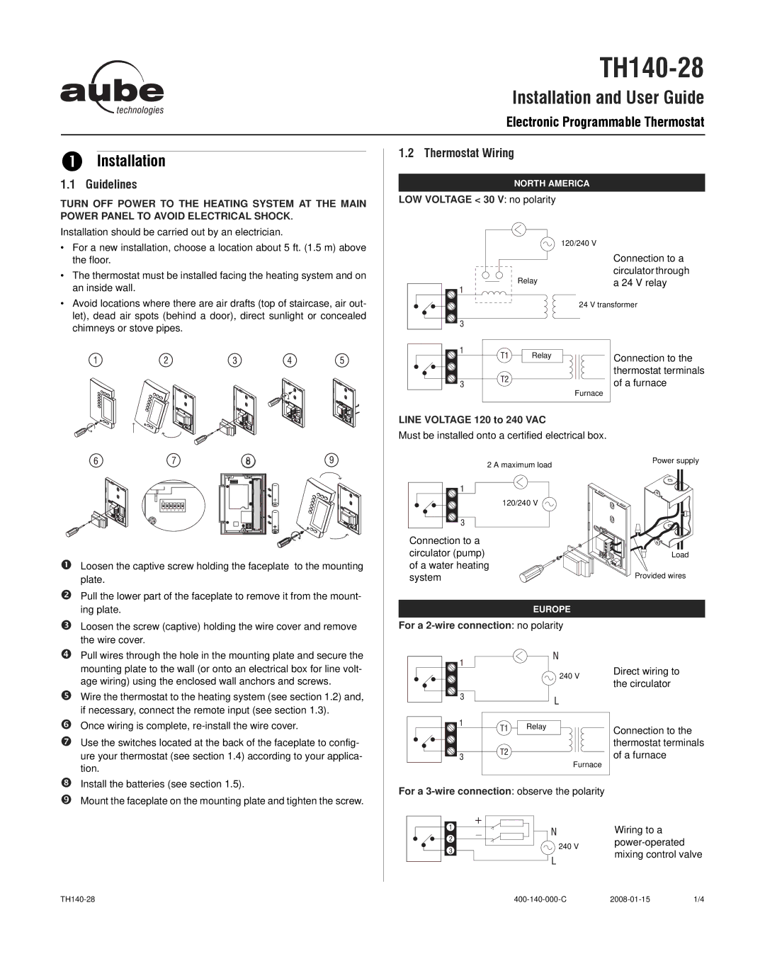 Aube Technologies TH140-28 manual Installation, Guidelines, Thermostat Wiring 