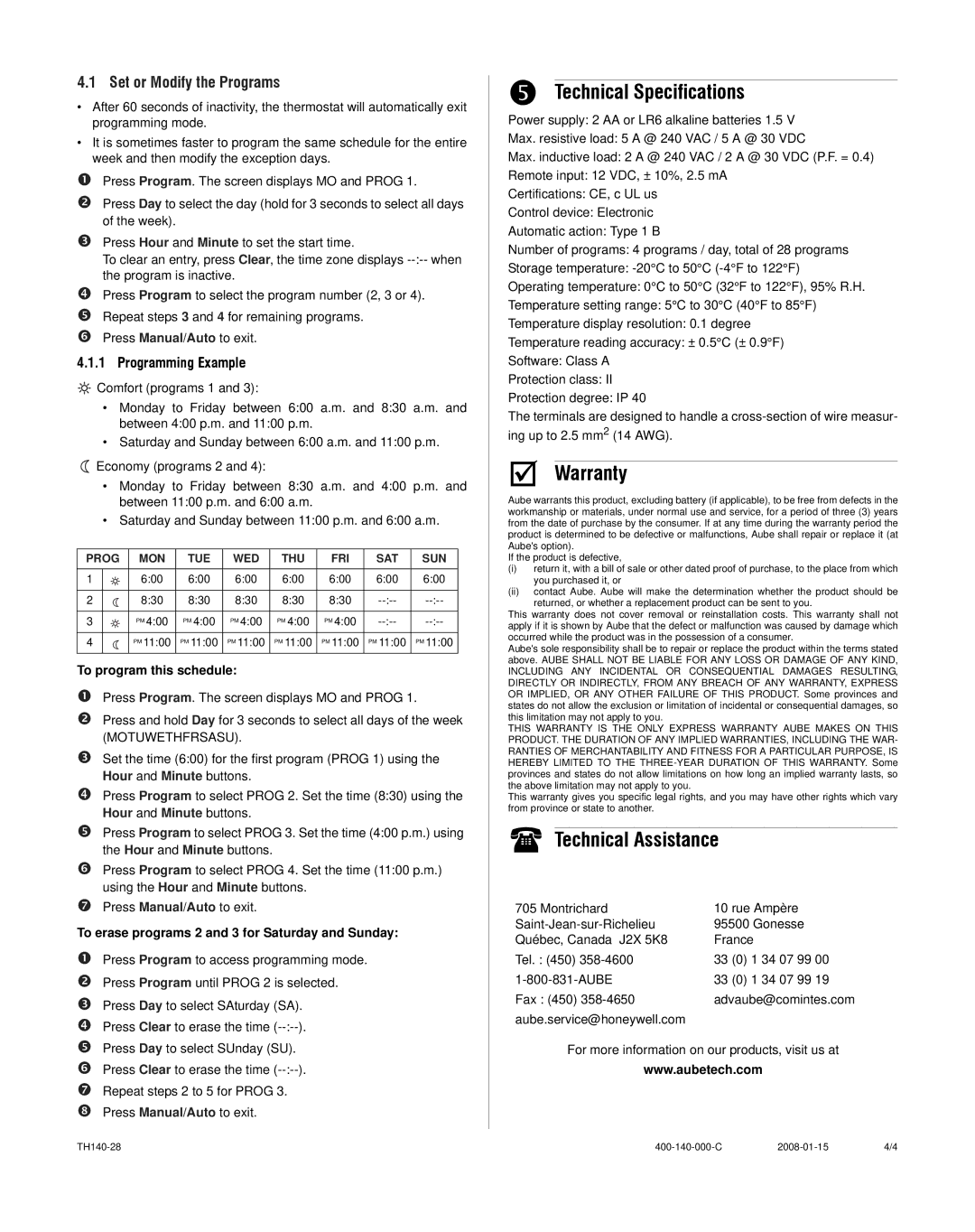 Aube Technologies TH140-28 manual Technical Specifications, Warranty, Technical Assistance, Set or Modify the Programs 