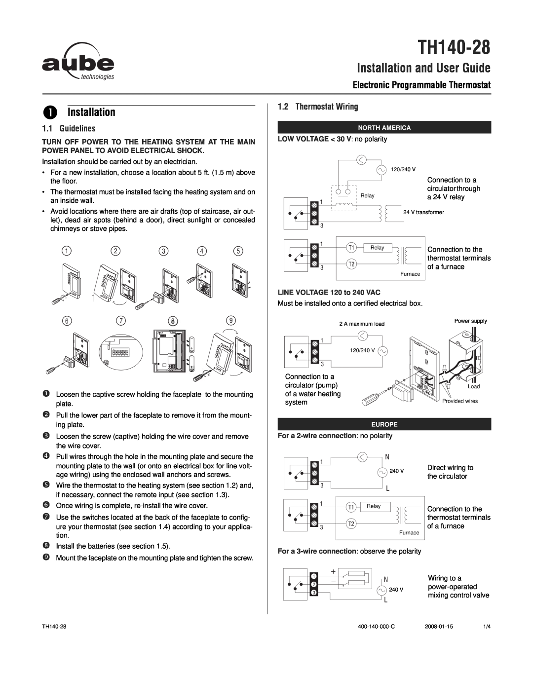 Aube Technologies TH140-28 manual n Installation, Guidelines, Thermostat Wiring, Installation and User Guide 