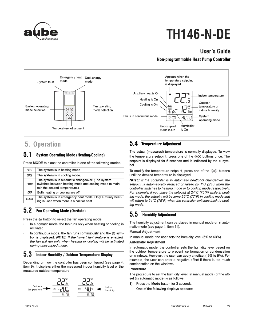 Aube Technologies TH146-N-DE manual Operation, User’s Guide 