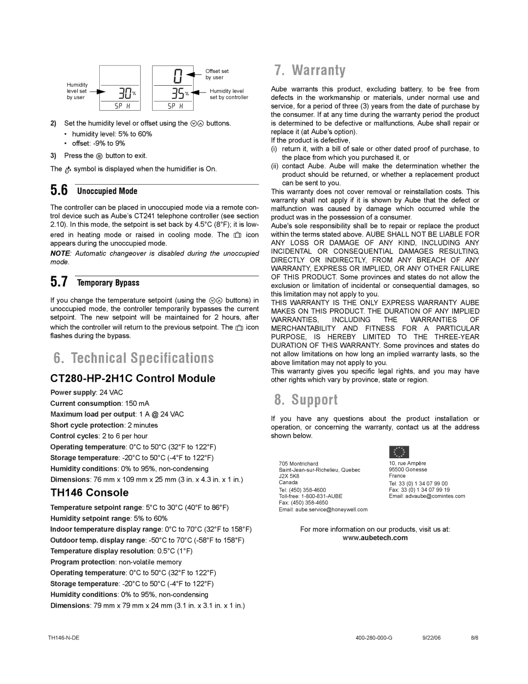 Aube Technologies TH146-N-DE manual Technical Specifications, Warranty, Support, Unoccupied Mode, Temporary Bypass 