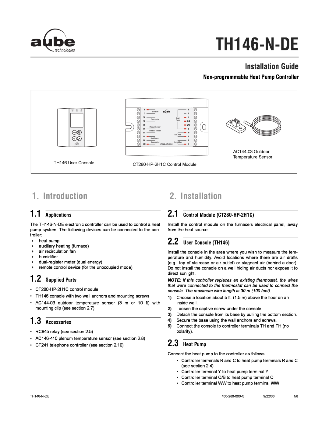 Aube Technologies TH146-N-DE manual Introduction, Installation Guide, Non-programmableHeat Pump Controller 