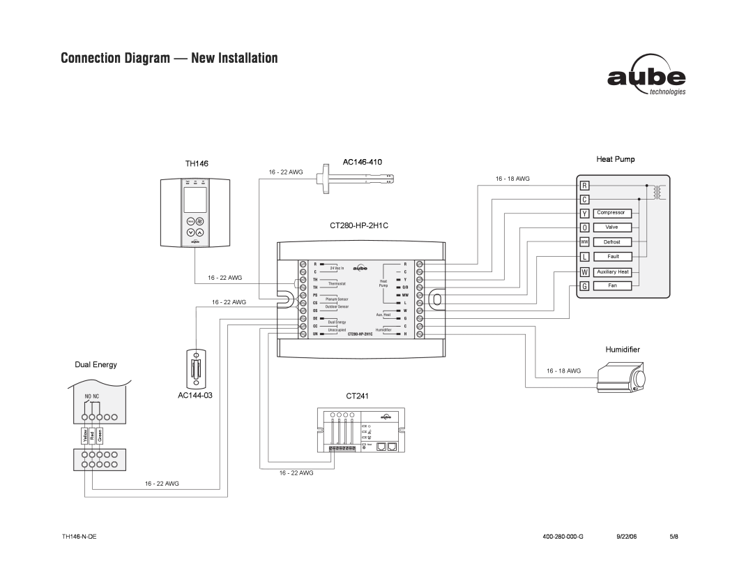Aube Technologies TH146-N-DE Connection Diagram - New Installation, AC146-410, CT280-HP-2H1C, Dual Energy, AC144-03, CT241 