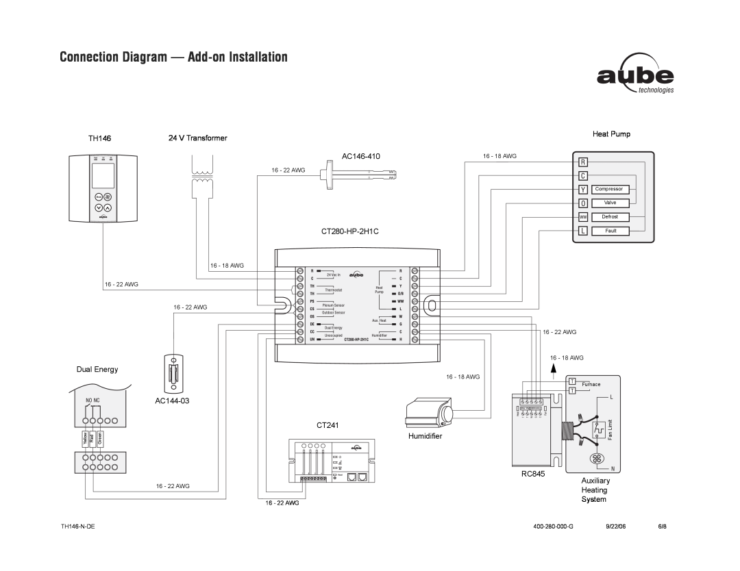 Aube Technologies TH146-N-DE manual Connection Diagram - Add-onInstallation, Dual Energy, AC144-03, AC146-410 CT280-HP-2H1C 