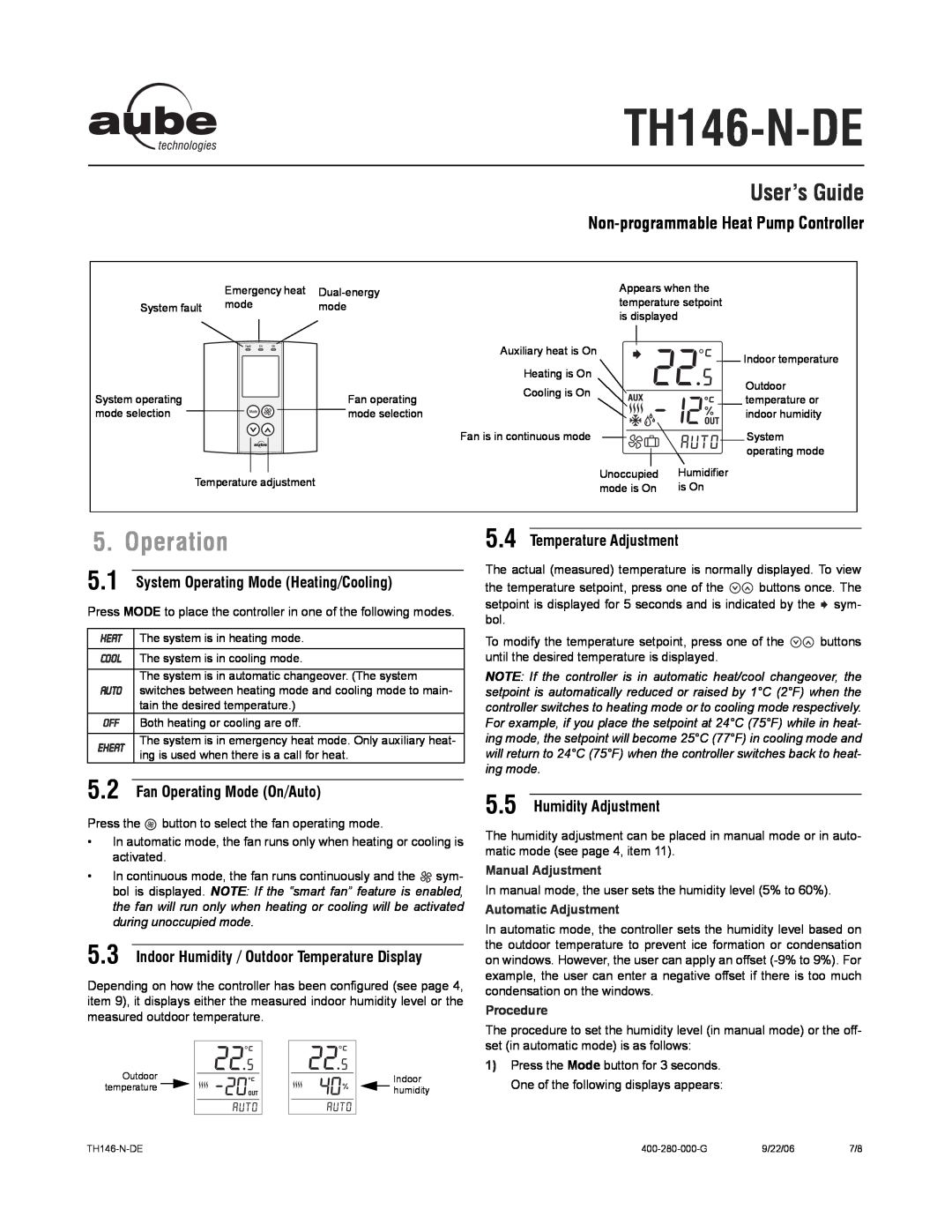 Aube Technologies TH146-N-DE Operation, User’s Guide, System Operating Mode Heating/Cooling, Fan Operating Mode On/Auto 