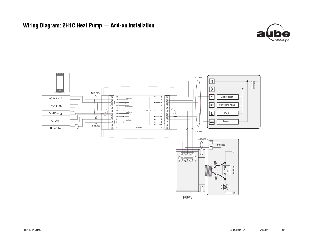 Aube Technologies TH146-P-2H1C manual Wiring Diagram 2H1C Heat Pump Add-on Installation 