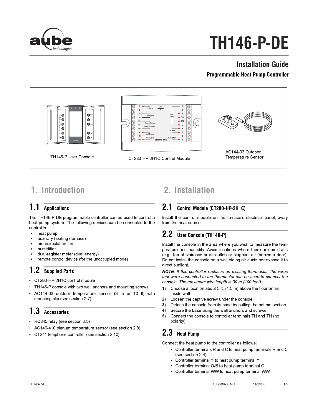 Aube Technologies TH146-P-DE manual Introduction, Installation Guide 