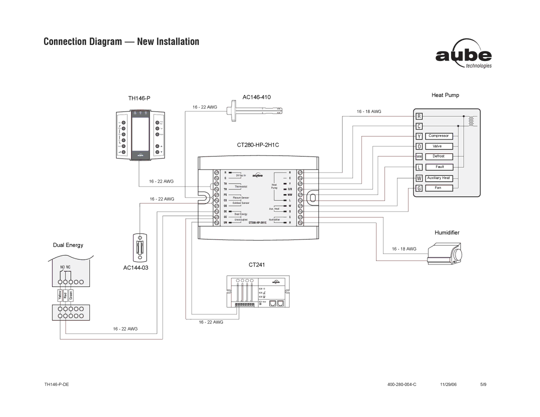 Aube Technologies TH146-P-DE manual Connection Diagram New Installation, CT280-HP-2H1C, Dual Energy AC144-03 CT241 