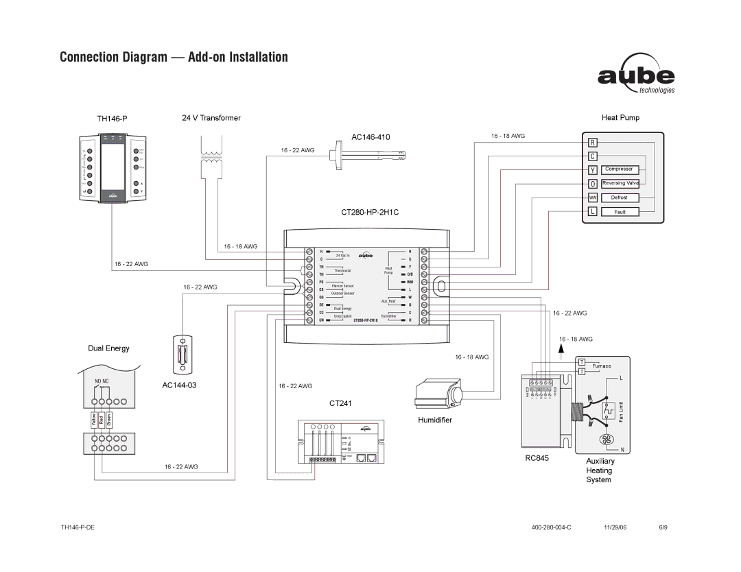 Aube Technologies TH146-P-DE Connection Diagram Add-on Installation, TH146-P Transformer AC146-410, Dual Energy AC144-03 