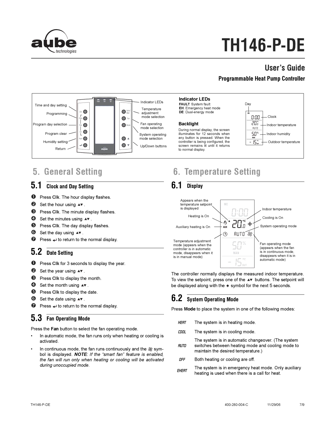 Aube Technologies TH146-P-DE manual General Setting, Temperature Setting, User’s Guide 