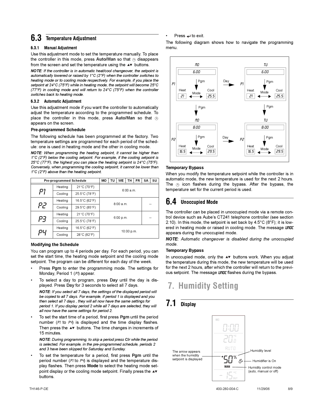 Aube Technologies TH146-P-DE manual Humidity Setting, Temperature Adjustment, Unoccupied Mode 