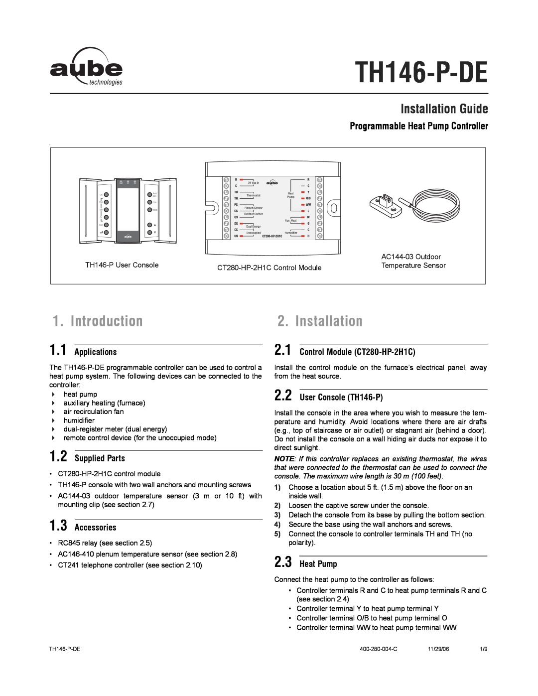 Aube Technologies TH146-P-DE manual Introduction, Installation Guide, Programmable Heat Pump Controller, Applications 
