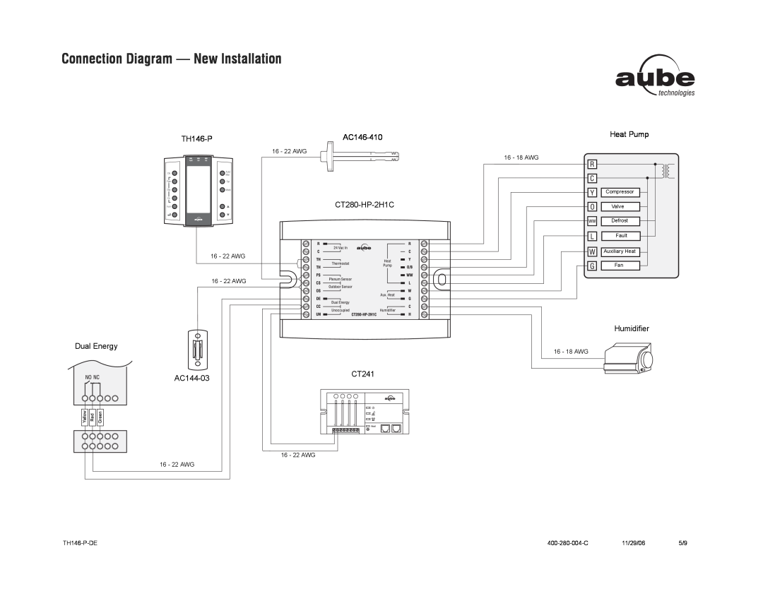 Aube Technologies TH146-P-DE Connection Diagram - New Installation, CT280-HP-2H1C, Dual Energy, AC144-03, CT241, Heat Pump 