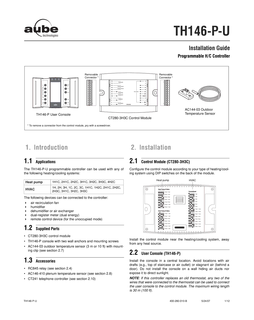 Aube Technologies TH146-P-U manual Introduction, Installation 