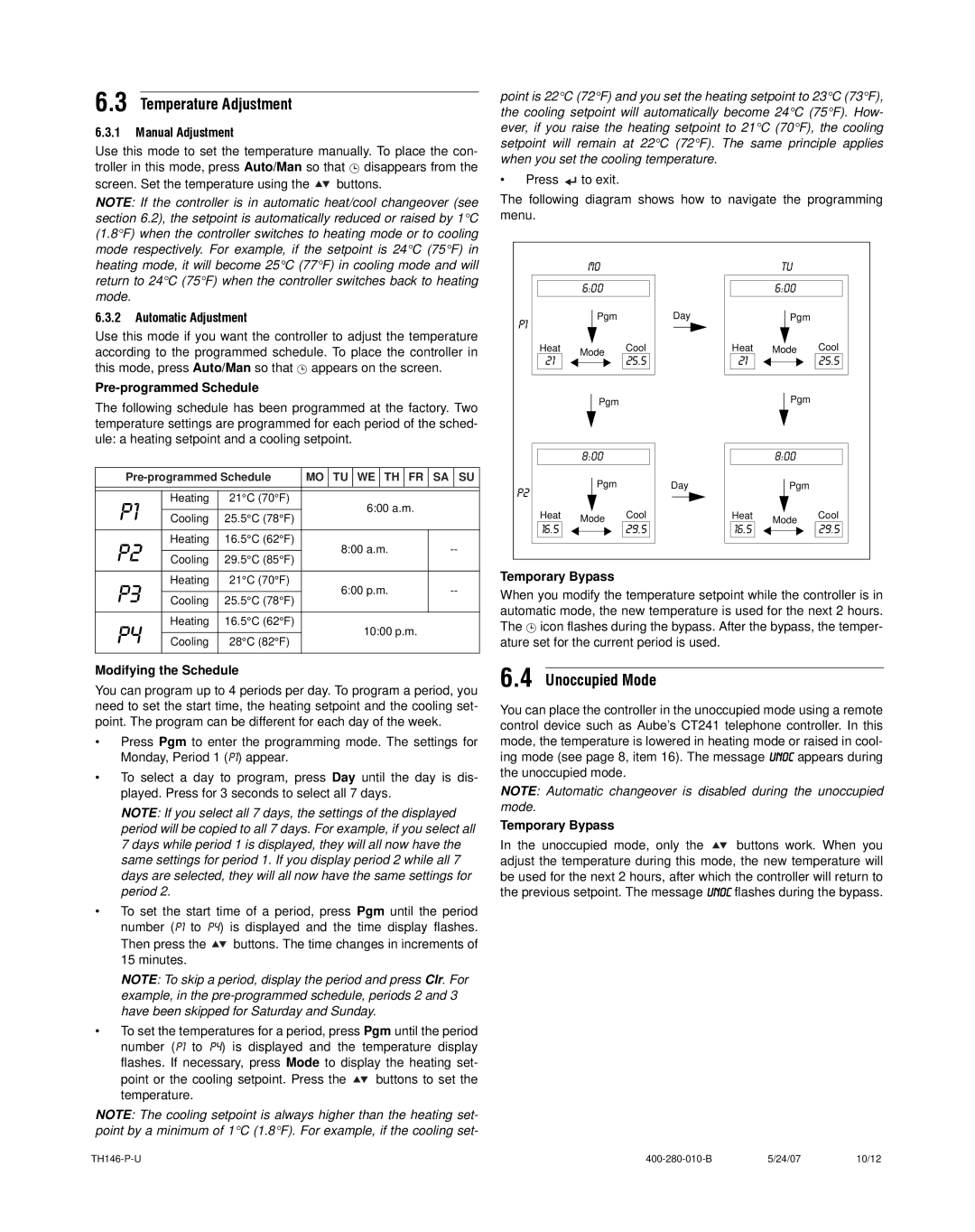 Aube Technologies TH146-P-U manual Temperature Adjustment, Unoccupied Mode 