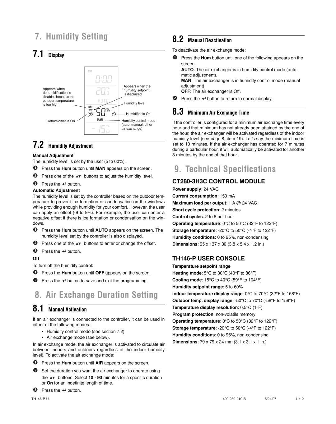 Aube Technologies TH146-P-U manual Humidity Setting, Technical Specifications 