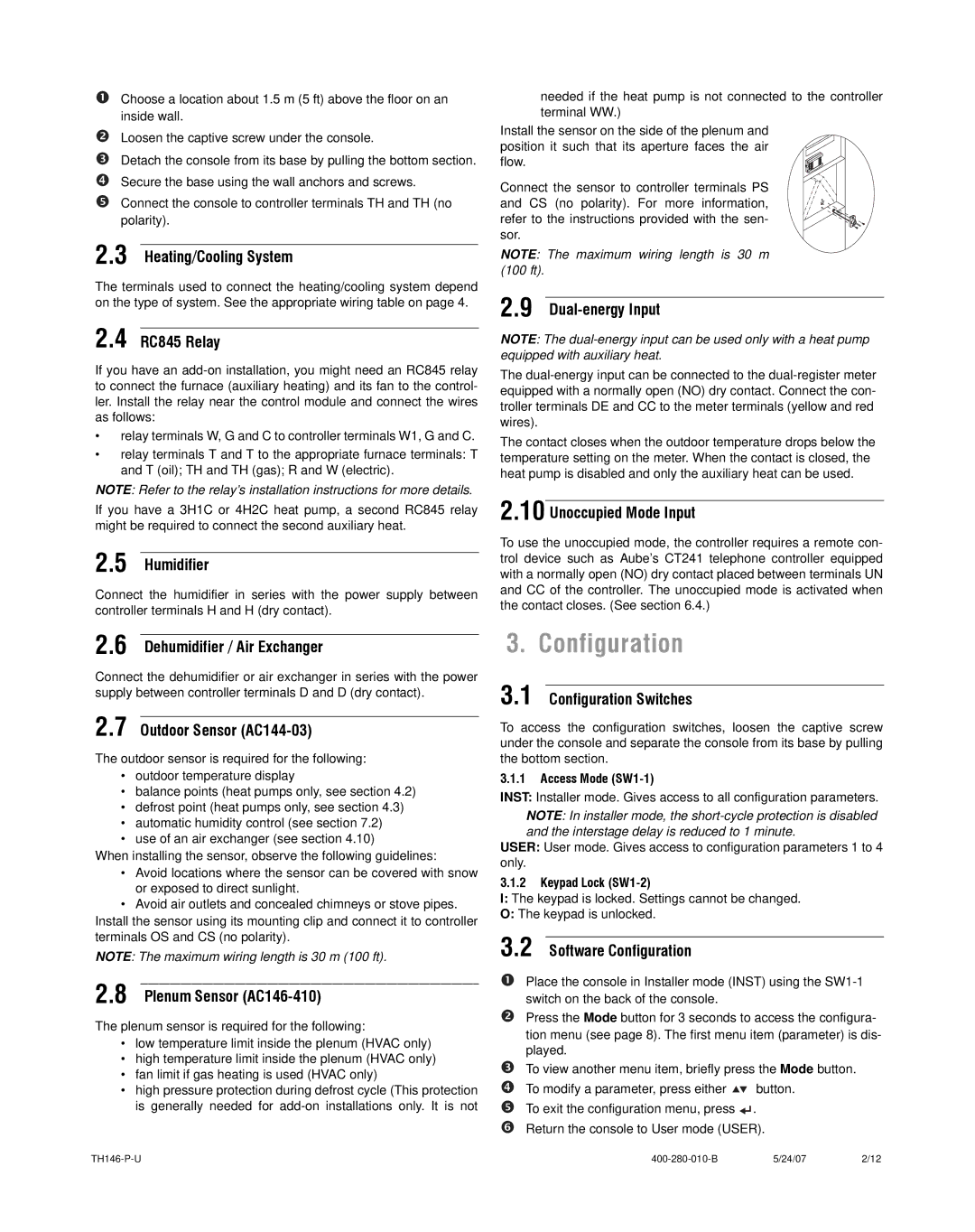 Aube Technologies TH146-P-U manual Configuration 