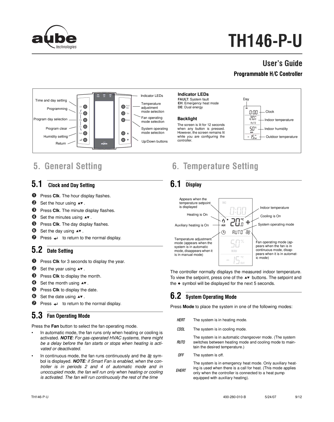 Aube Technologies TH146-P-U manual General Setting, Temperature Setting 