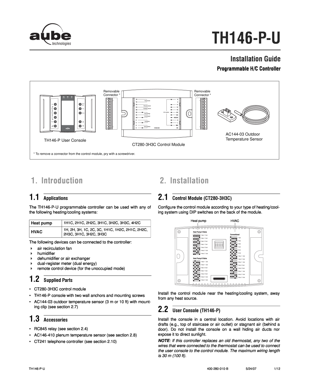 Aube Technologies TH146-P-U manual Introduction, Installation Guide, Programmable H/C Controller, Applications, Hvac 