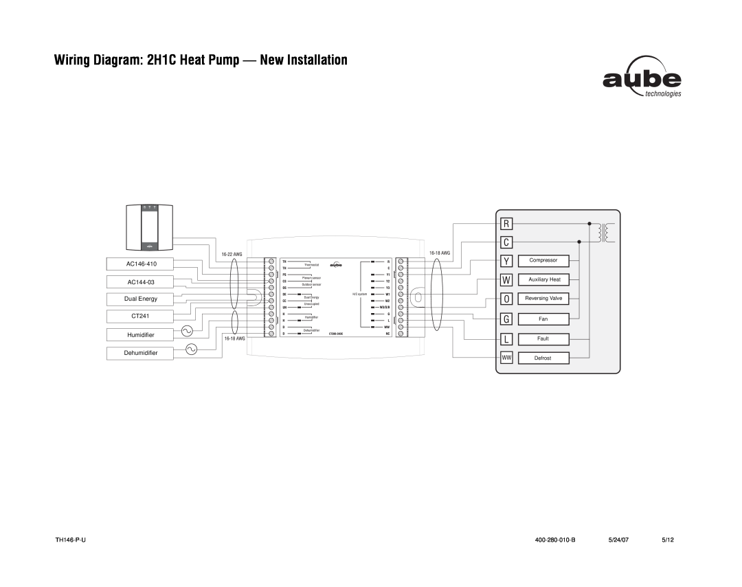 Aube Technologies TH146-P-U manual Wiring Diagram 2H1C Heat Pump - New Installation 