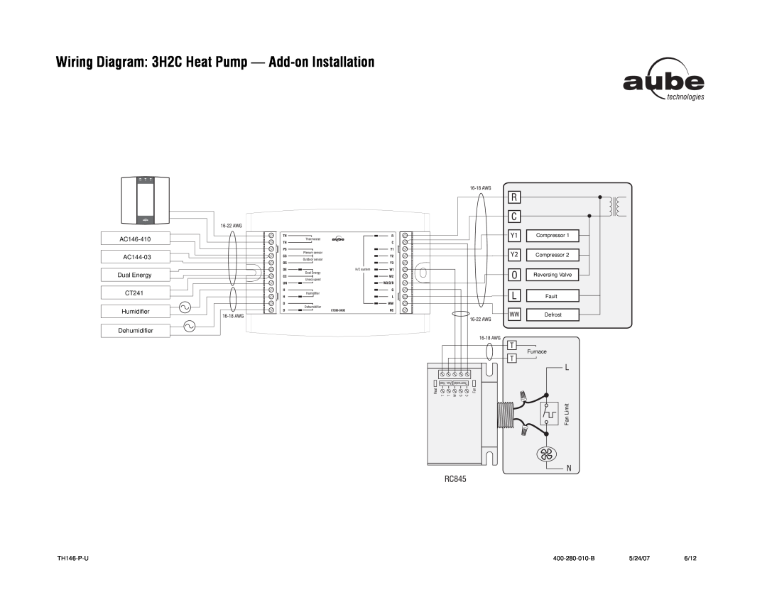 Aube Technologies TH146-P-U Wiring Diagram 3H2C Heat Pump - Add-on Installation, Compressor Compressor Reversing Valve 