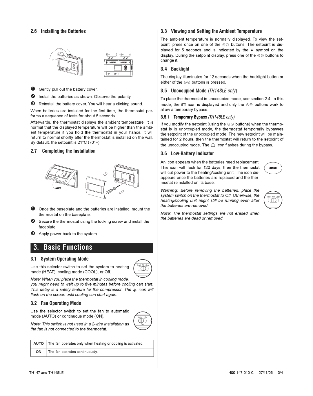 Aube Technologies TH148LE, TH147 manual Basic Functions 