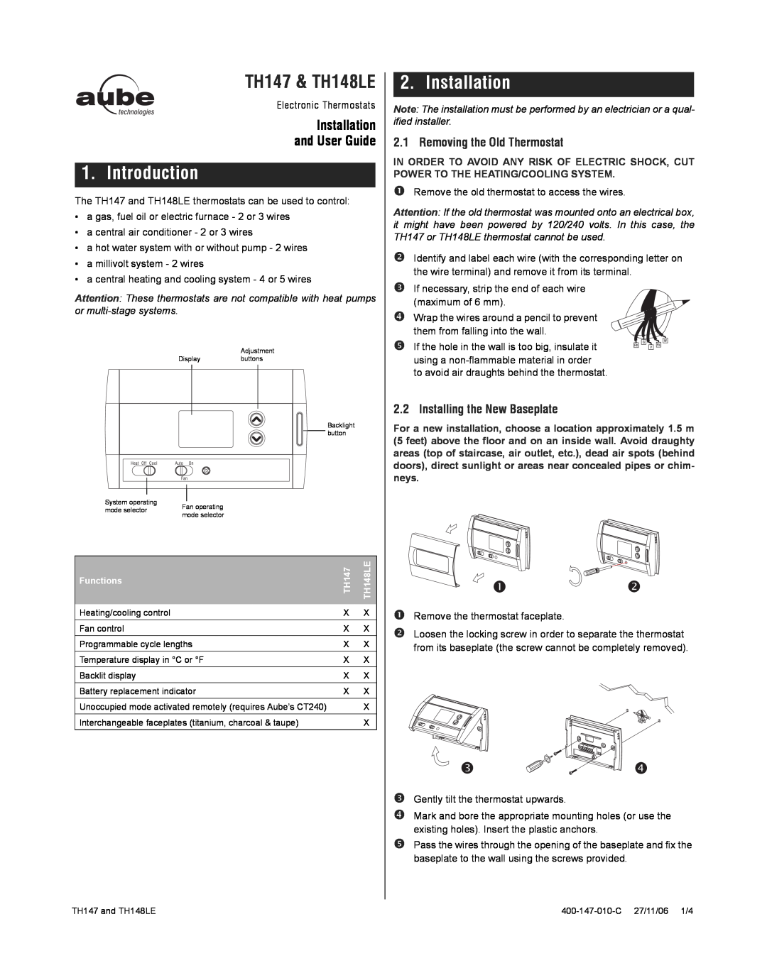 Aube Technologies TH148LE manual Introduction, Installation, Removing the Old Thermostat, Installing the New Baseplate 