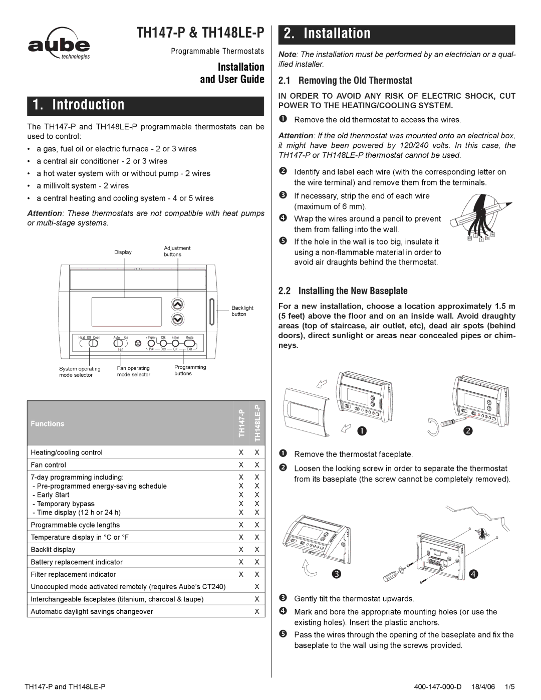 Aube Technologies TH147-P manual Introduction, Installation, Removing the Old Thermostat, Installing the New Baseplate 