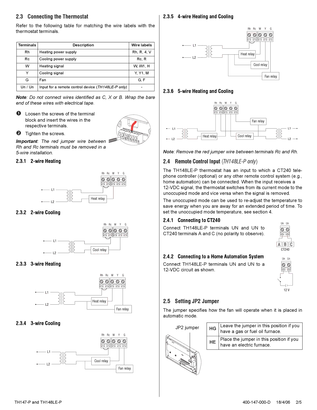 Aube Technologies TH147-P manual Connecting the Thermostat, Remote Control Input TH148LE-P only, Setting JP2 Jumper 