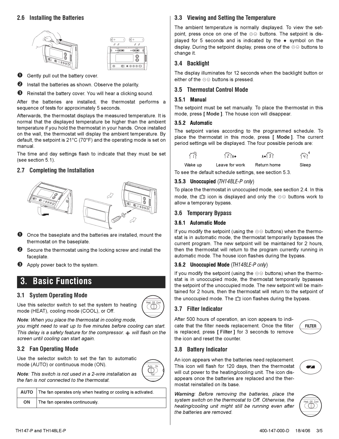 Aube Technologies TH147-P, TH148LE-P manual Basic Functions 