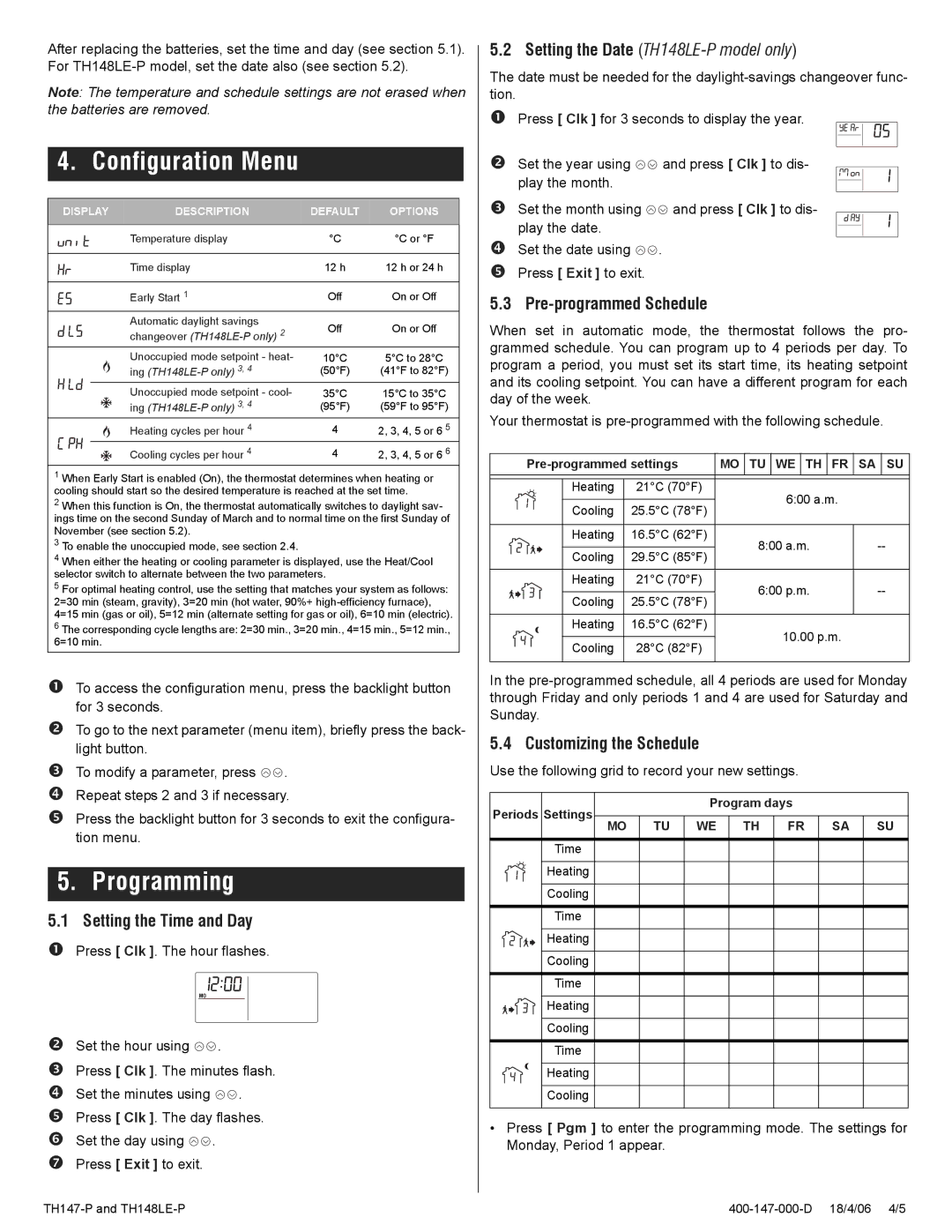 Aube Technologies TH148LE-P, TH147-P Configuration Menu, Programming, Setting the Time and Day, Pre-programmed Schedule 