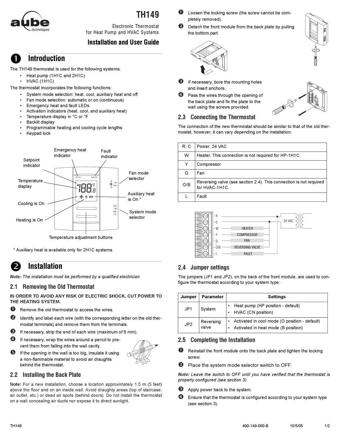 Aube Technologies TH149 manual Introduction, Installation 