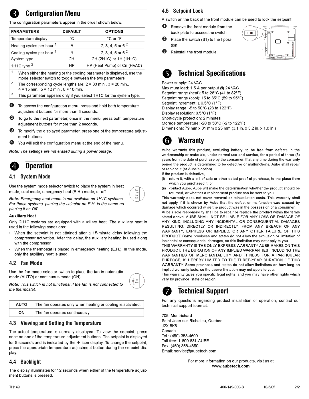 Aube Technologies TH149 manual Configuration Menu, Operation, Technical Specifications, Warranty, Technical Support 