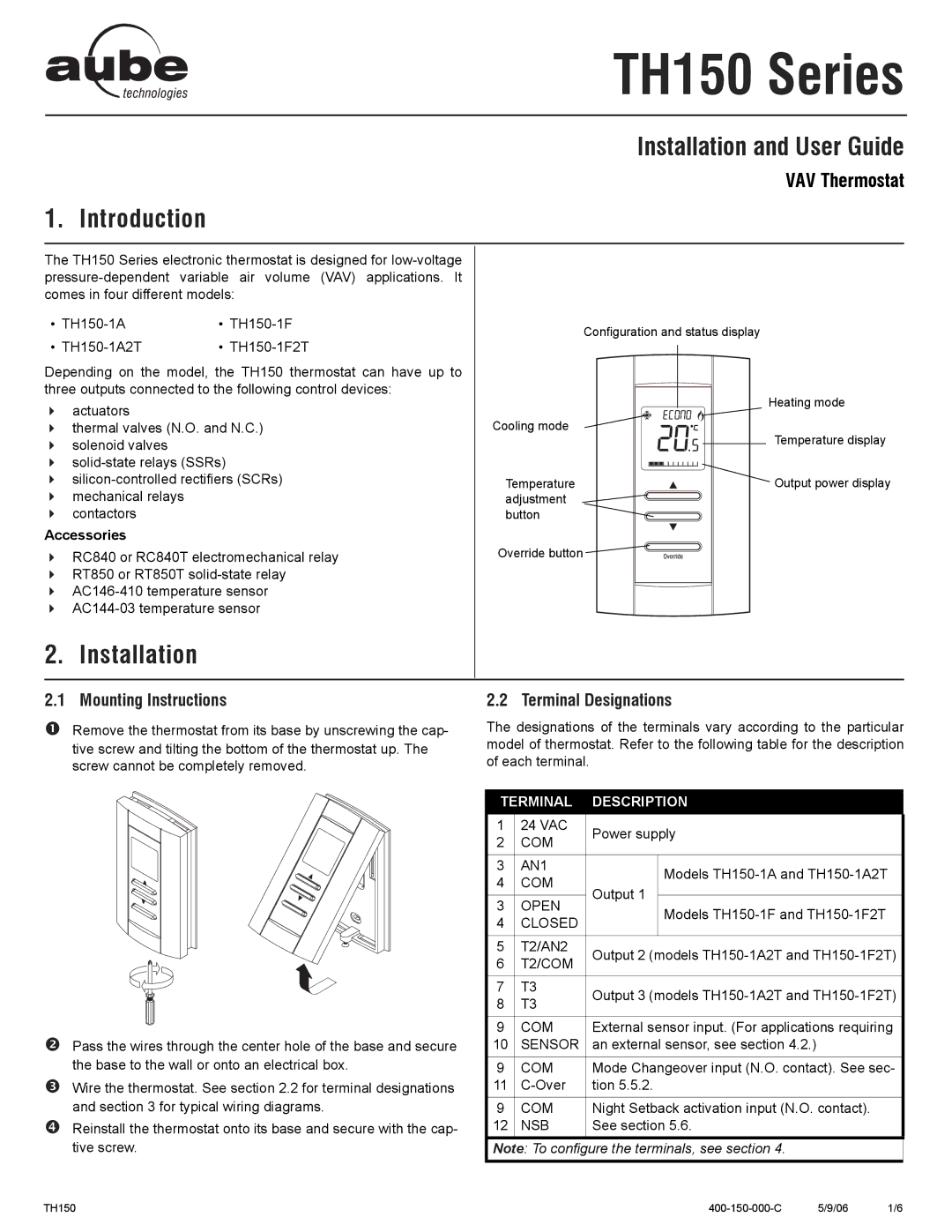 Aube Technologies TH150 Series manual Installation and User Guide, Introduction, Mounting Instructions 