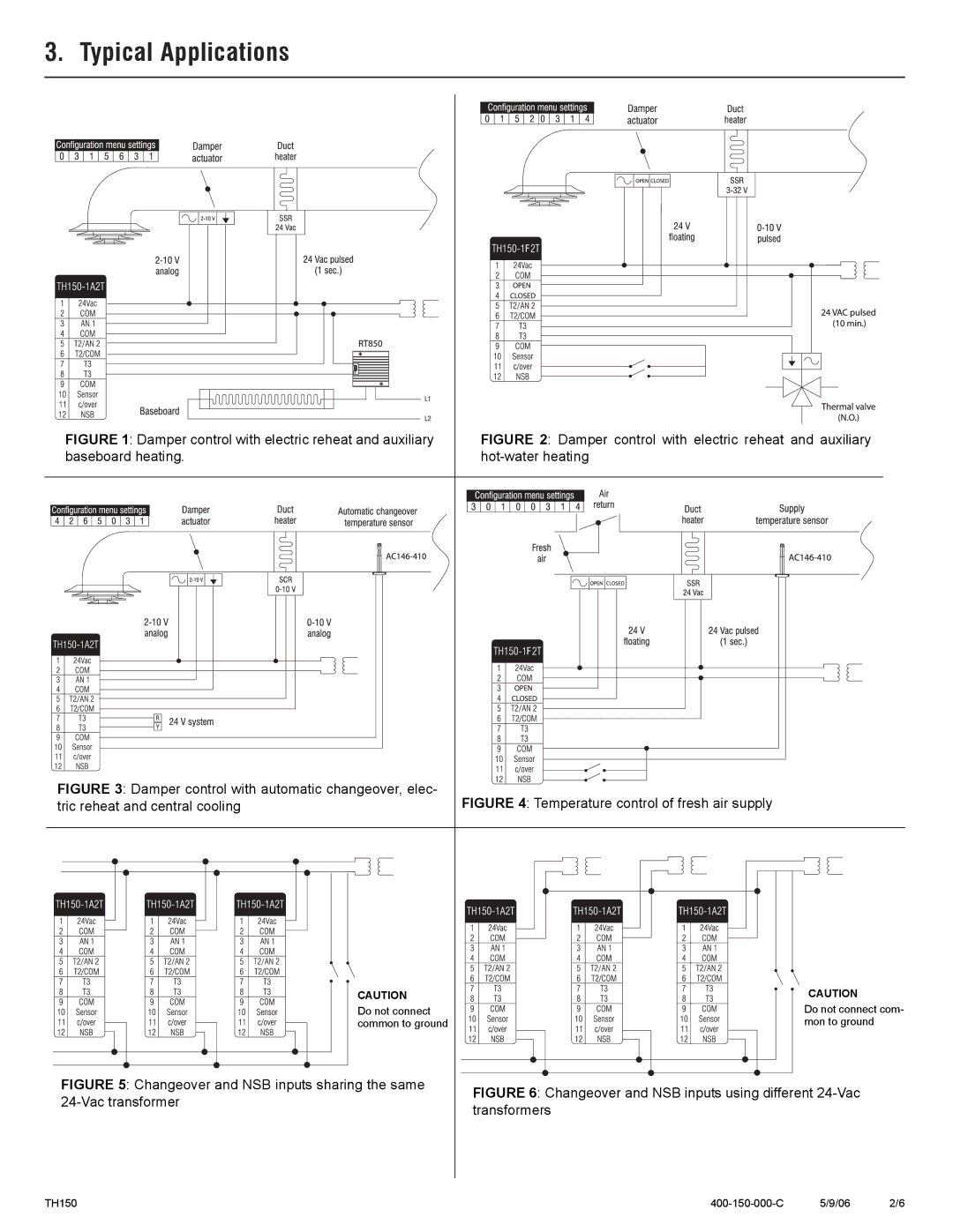 Aube Technologies TH150 Series manual Typical Applications, Damper control with electric reheat and auxiliary 