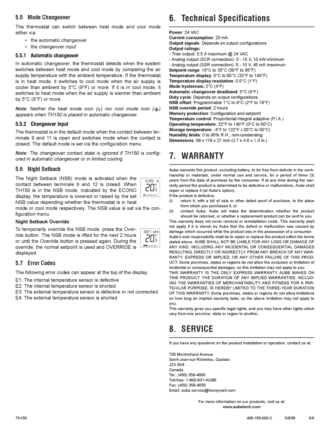 Aube Technologies TH150 Series manual Technical Specifications, Mode Changeover, Night Setback, Error Codes 