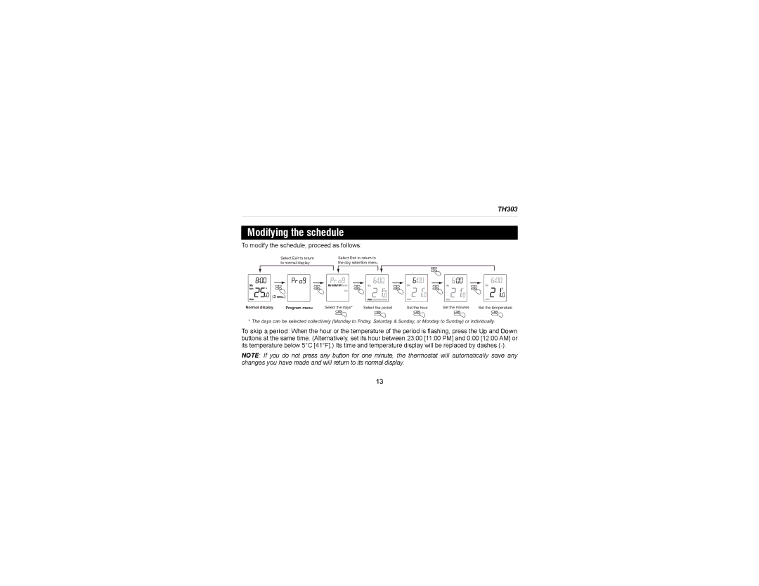 Aube Technologies TH303 manual Modifying the schedule, To modify the schedule, proceed as follows 