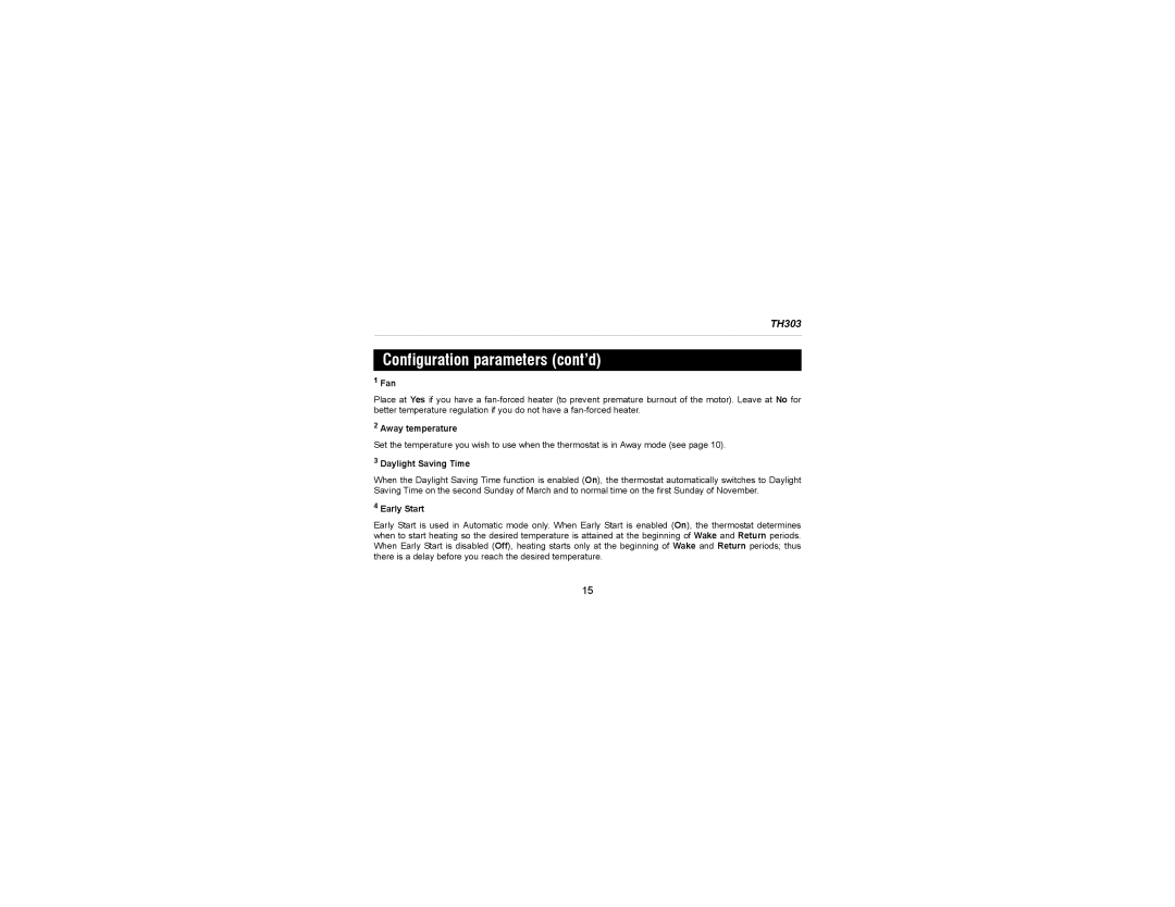 Aube Technologies TH303 manual Configuration parameters cont’d, Fan 