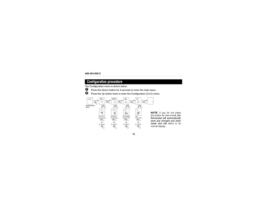 Aube Technologies TH303 manual Configuration procedure, Configuration menu is shown below 