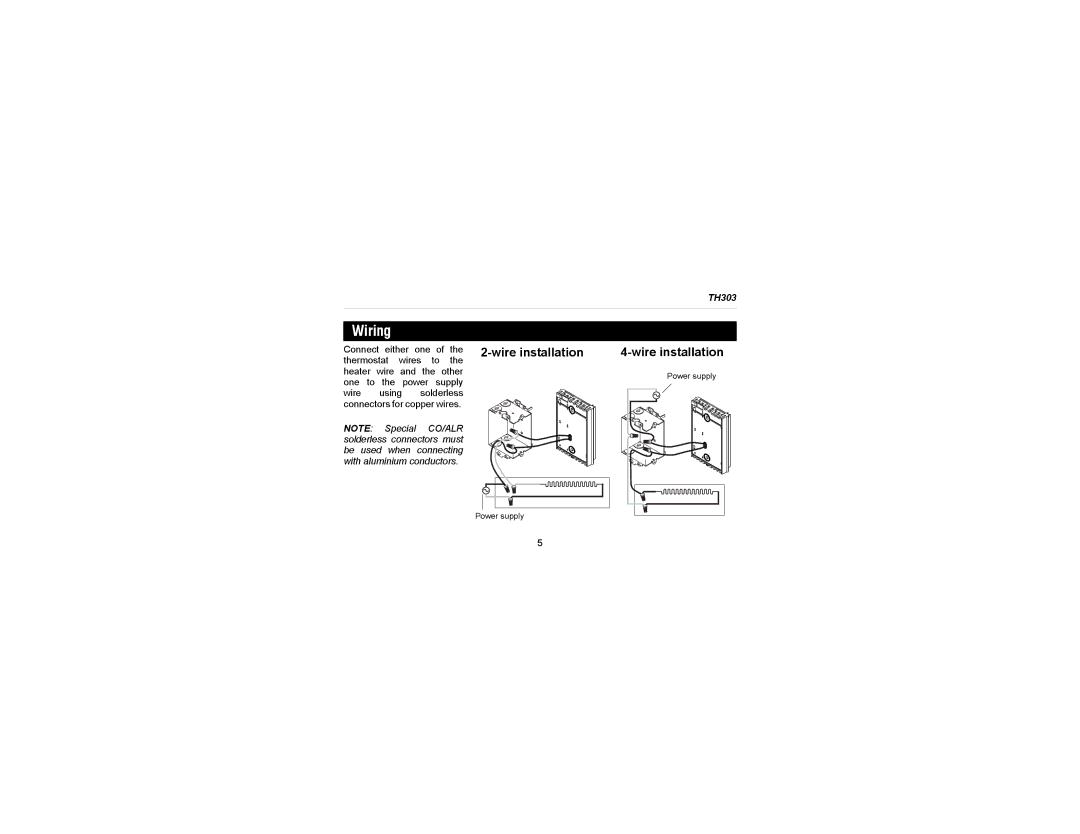 Aube Technologies TH303 manual Wiring, Wire installation 