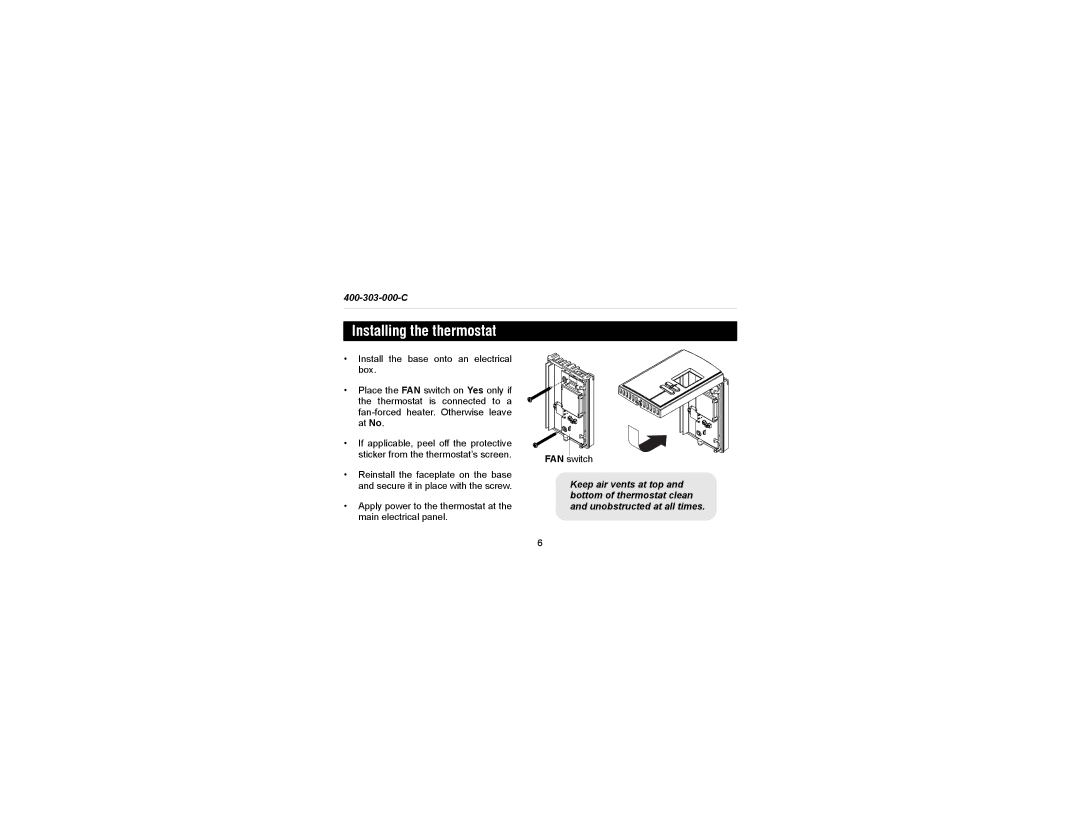 Aube Technologies TH303 manual Installing the thermostat 