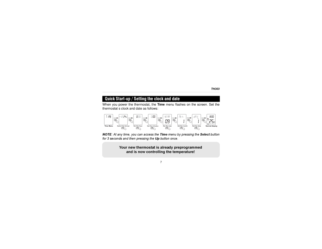 Aube Technologies TH303 manual Quick Start-up / Setting the clock and date 