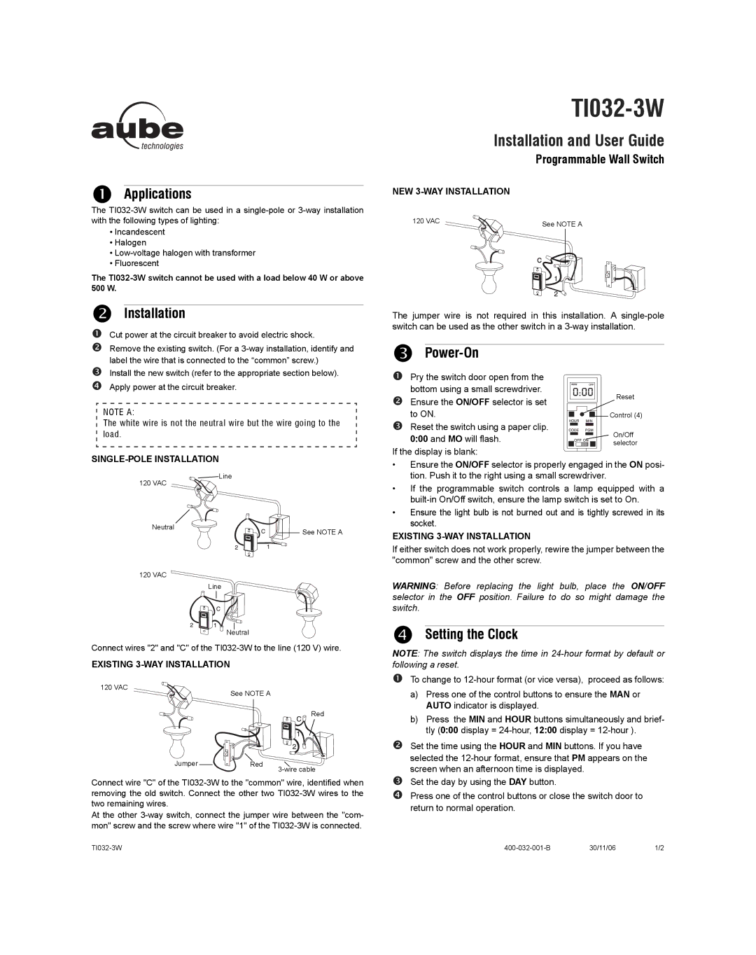 Aube Technologies TI032-3W manual Applications, Installation, Power-On, Setting the Clock 