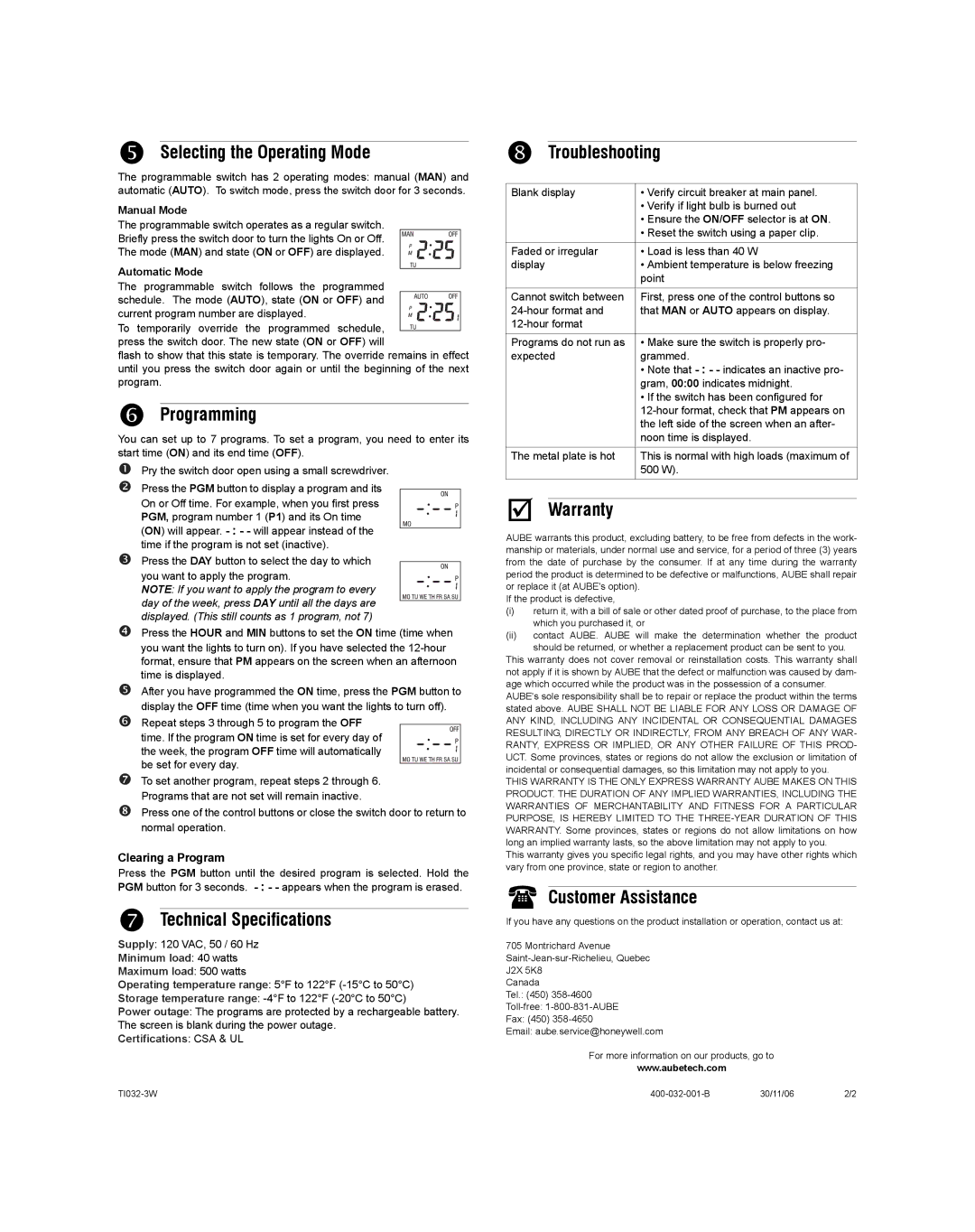 Aube Technologies TI032-3W Selecting the Operating Mode, Programming, Technical Specifications, Troubleshooting, Warranty 