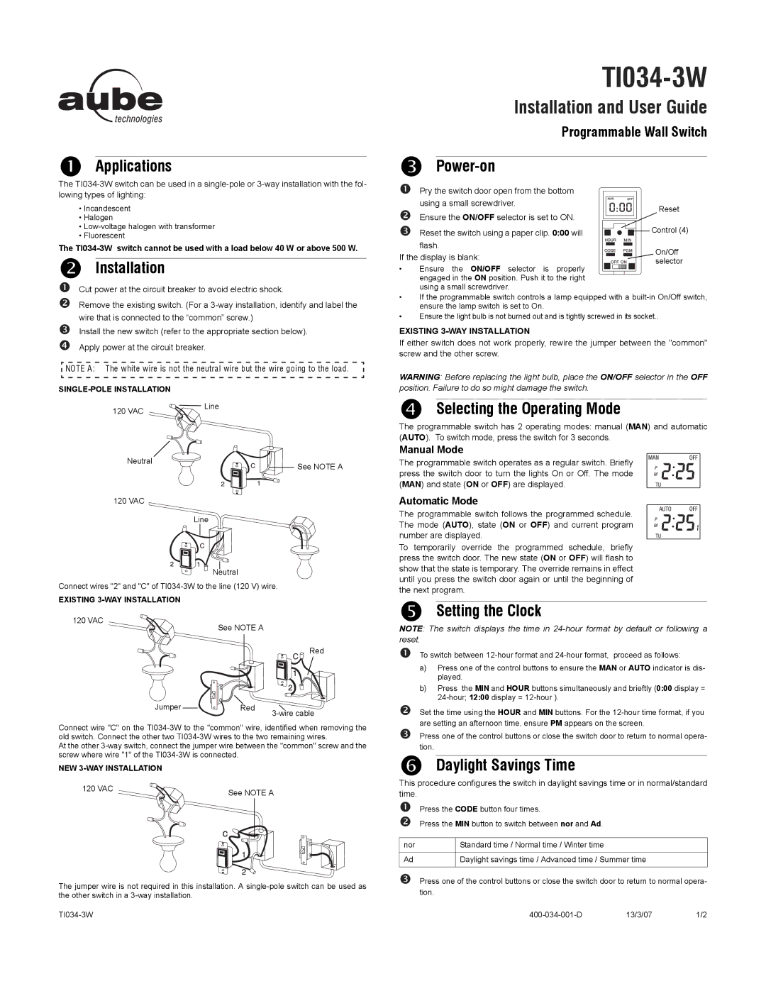 Aube Technologies TI034-3W manual Installation and User Guide 