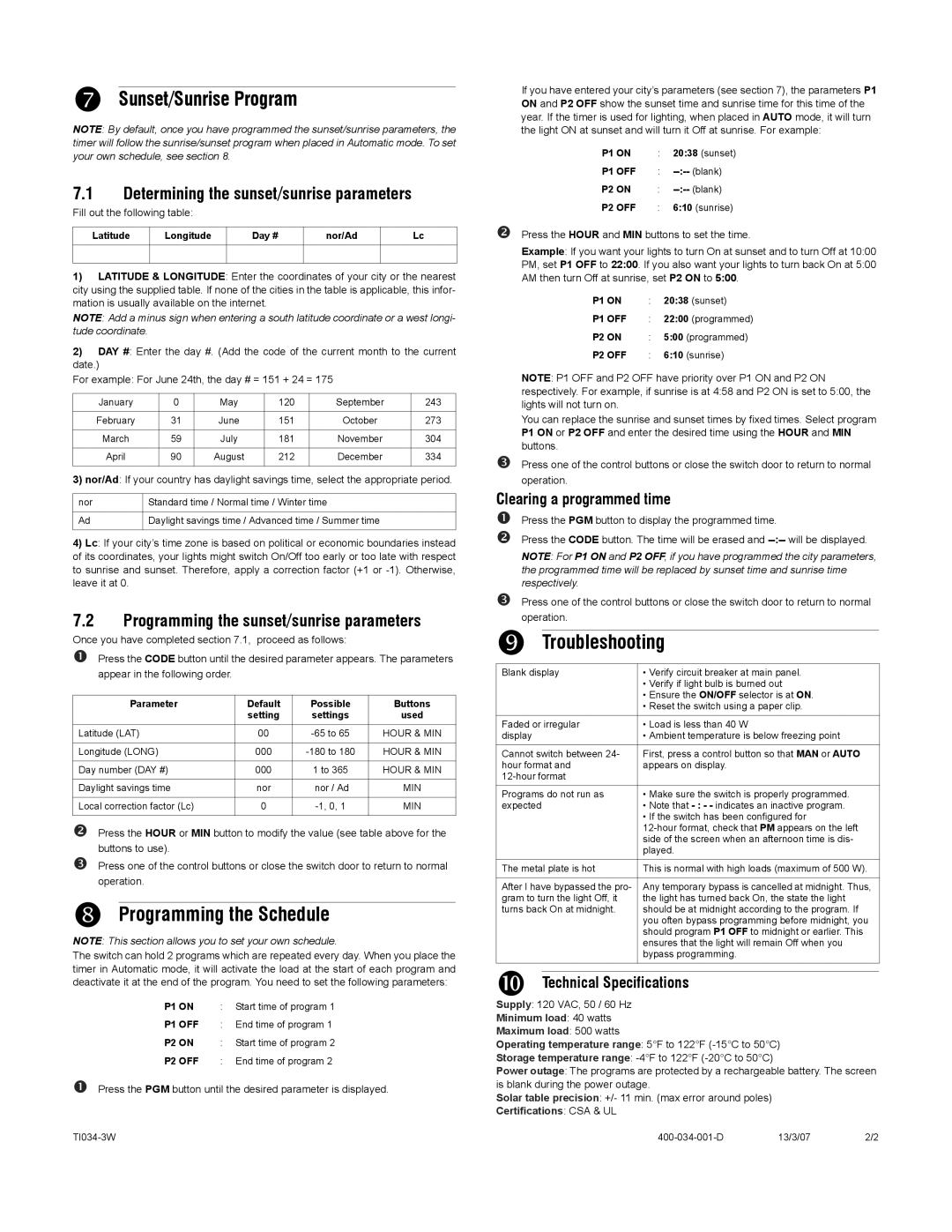 Aube Technologies TI034-3W manual Sunset/Sunrise Program, Programming the Schedule, Troubleshooting 