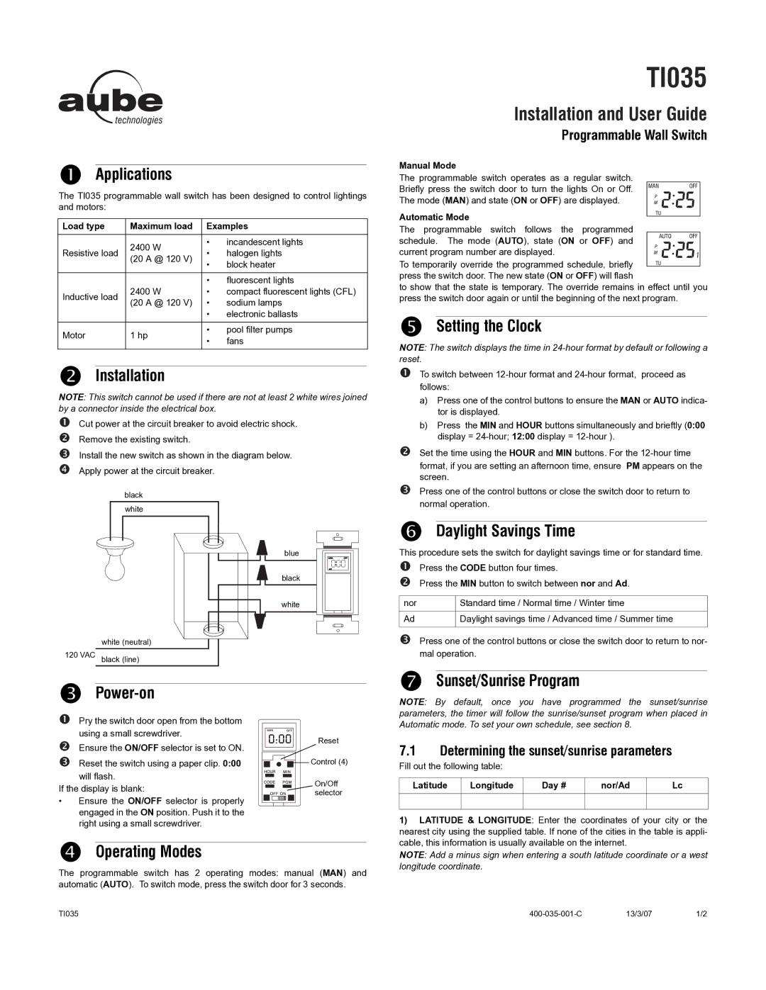 Aube Technologies TI035 manual Applications, Installation, Setting the Clock, Daylight Savings Time, Power-on 