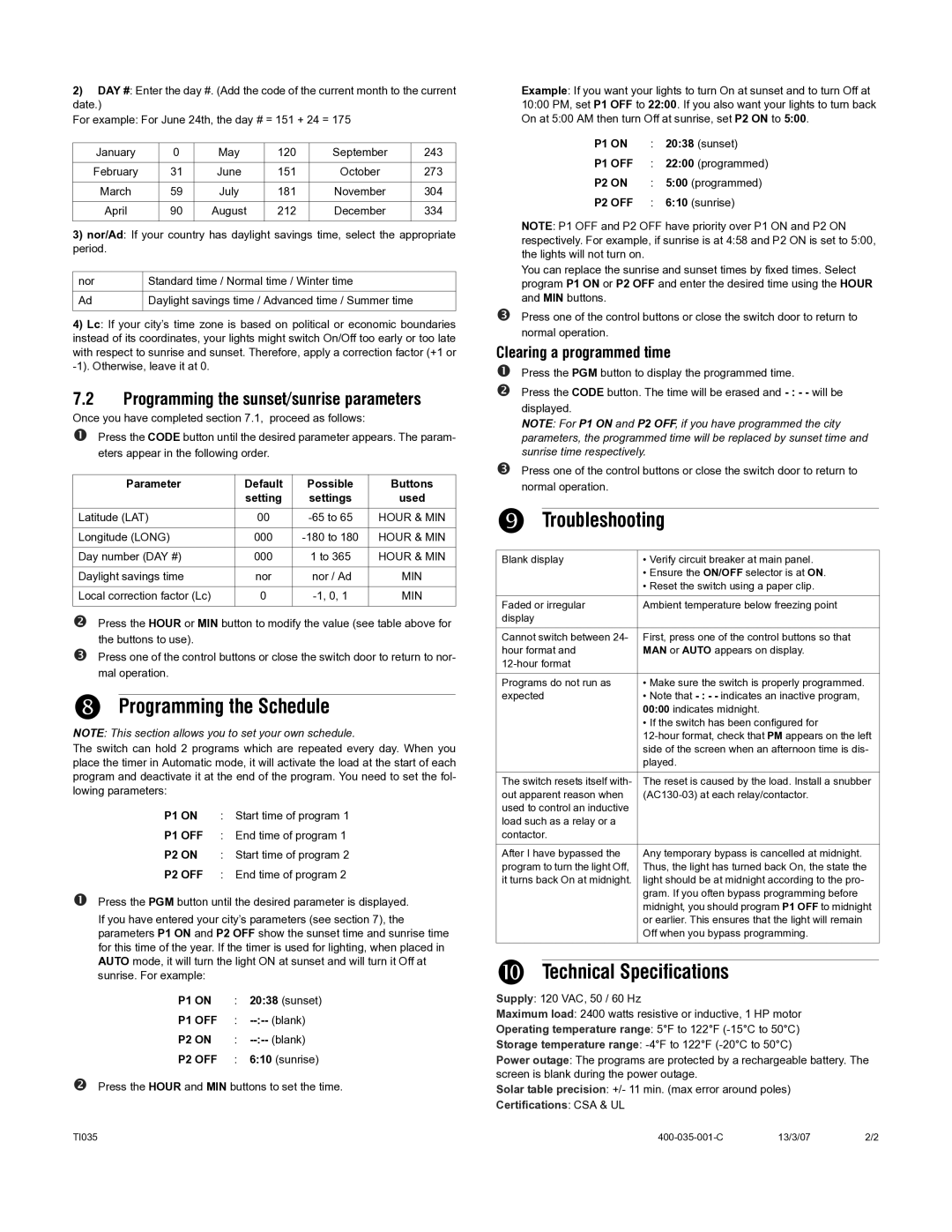 Aube Technologies TI035 manual Programming the Schedule, Troubleshooting, Technical Specifications 