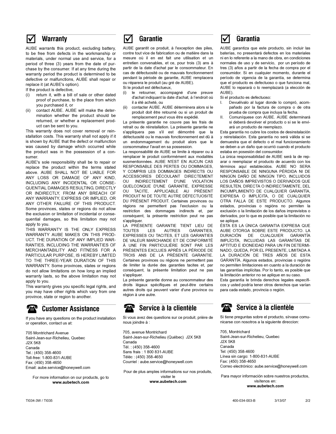 Aube Technologies TI035 manual Warranty, Garantie, Garantia, Customer Assistance, Service à la clientèle 