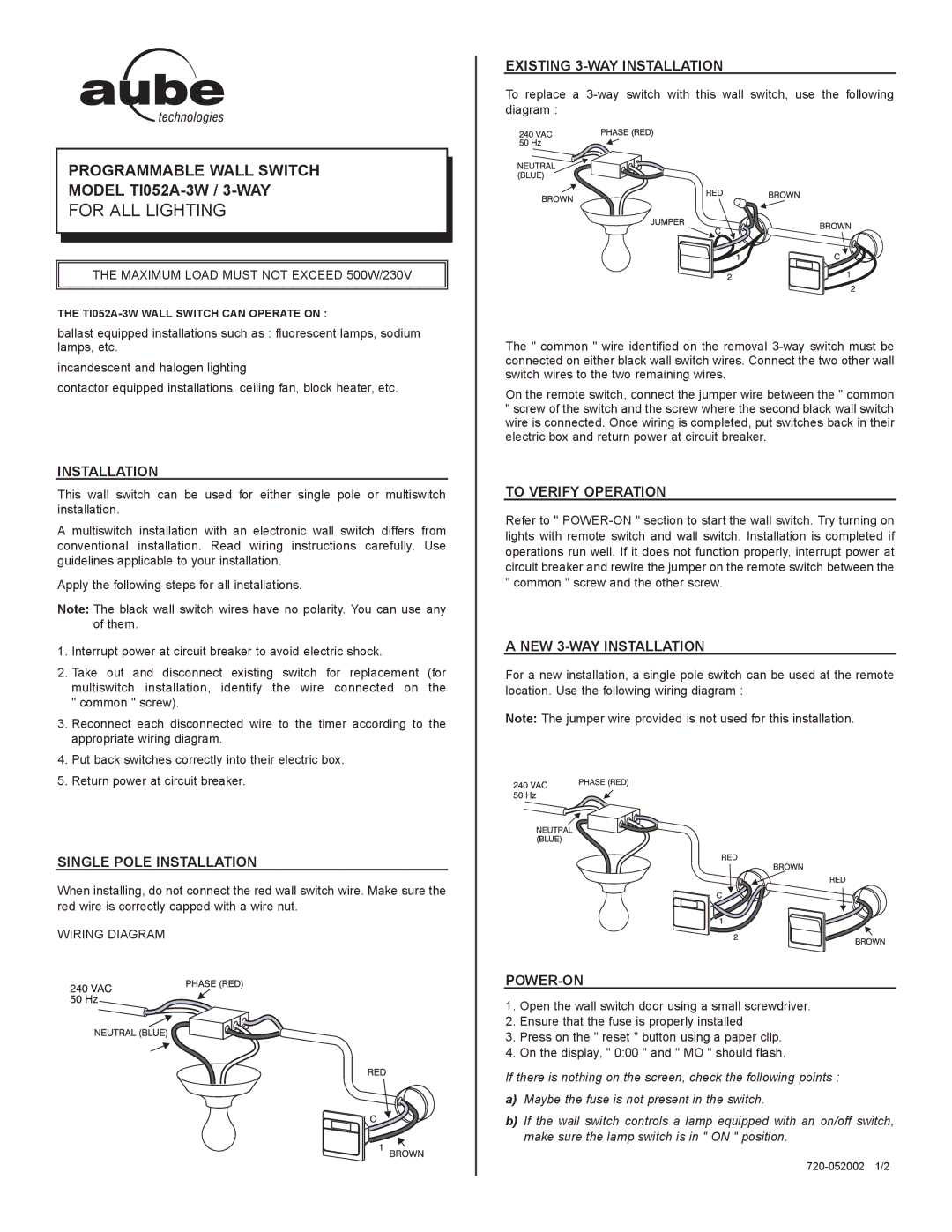 Aube Technologies TI052A-3W manual Single Pole Installation, Existing 3-WAY Installation, To Verify Operation 